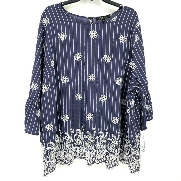 New Calessa Blue Stripe Embroidered Floral Tunic Top Shirt Size PL Petite Large - Picture 1 of 6